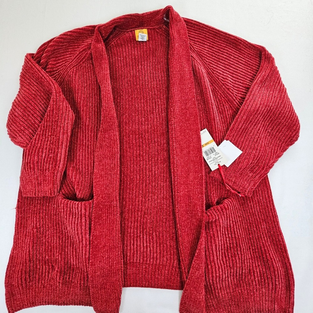 Ruby Rd Woman Chenille Cardigan Sweater 3X Chianti Red Ribbed Open Front Pockets